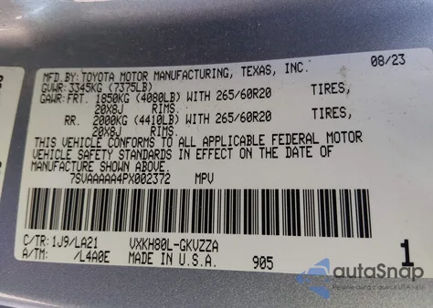 2023 Toyota Sequoia Platinum z USA, uszkodzony, nr VIN 7SVAAAAA4PX002372